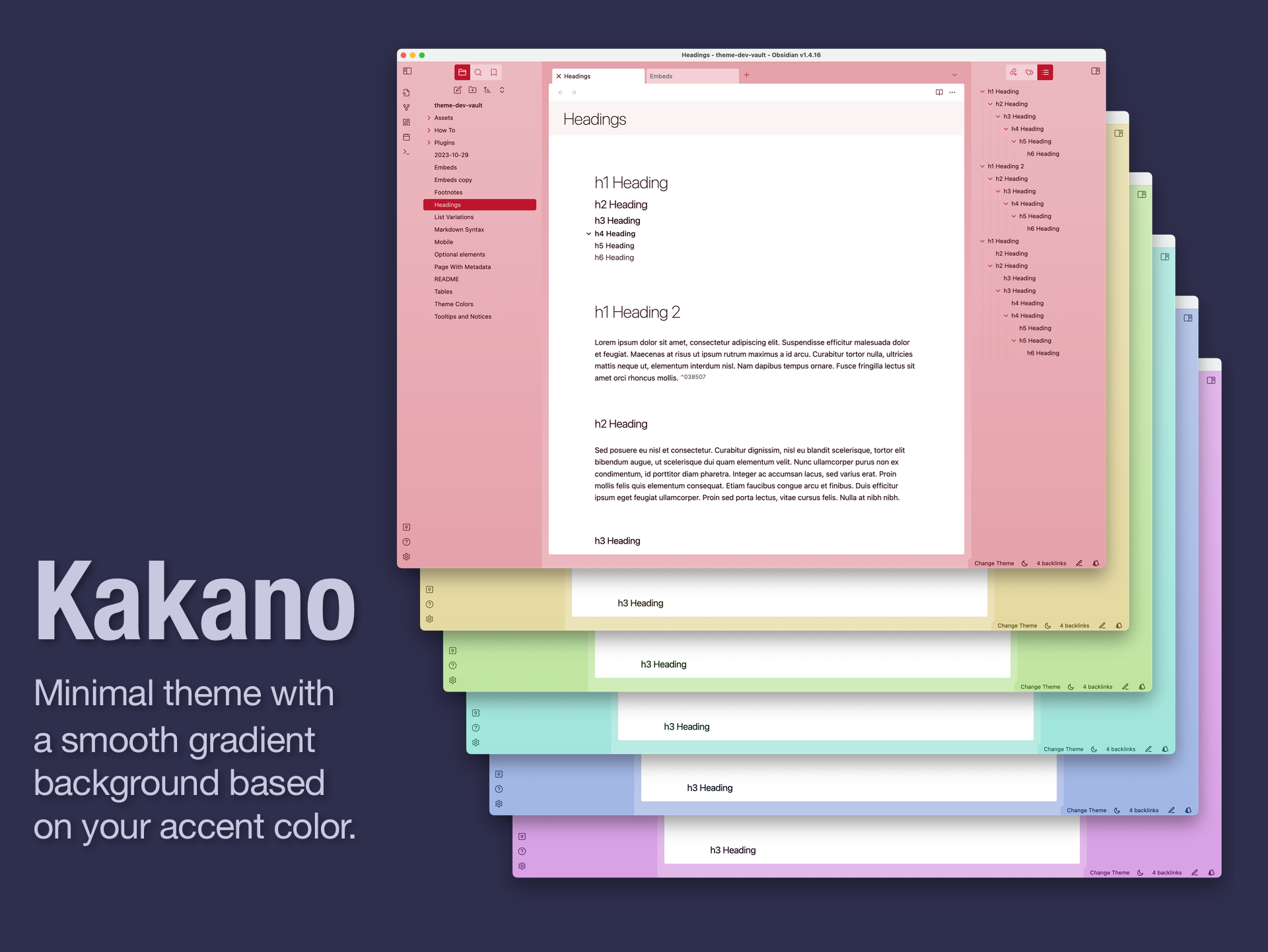 Minimal theme with a smooth gradient background based on your accent color. Image shows six screenshots with differently-colored backgrounds.